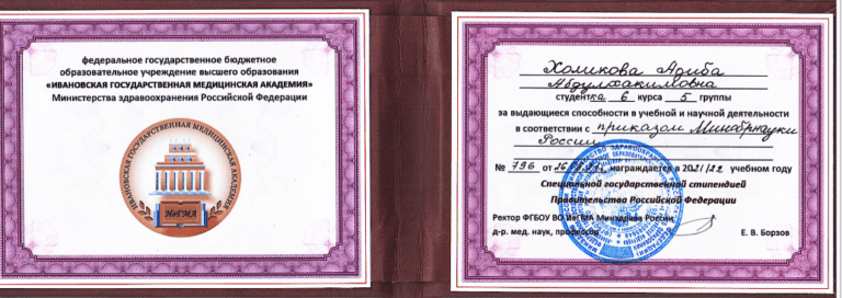 Удостоверение стипендиата Правительства РФ